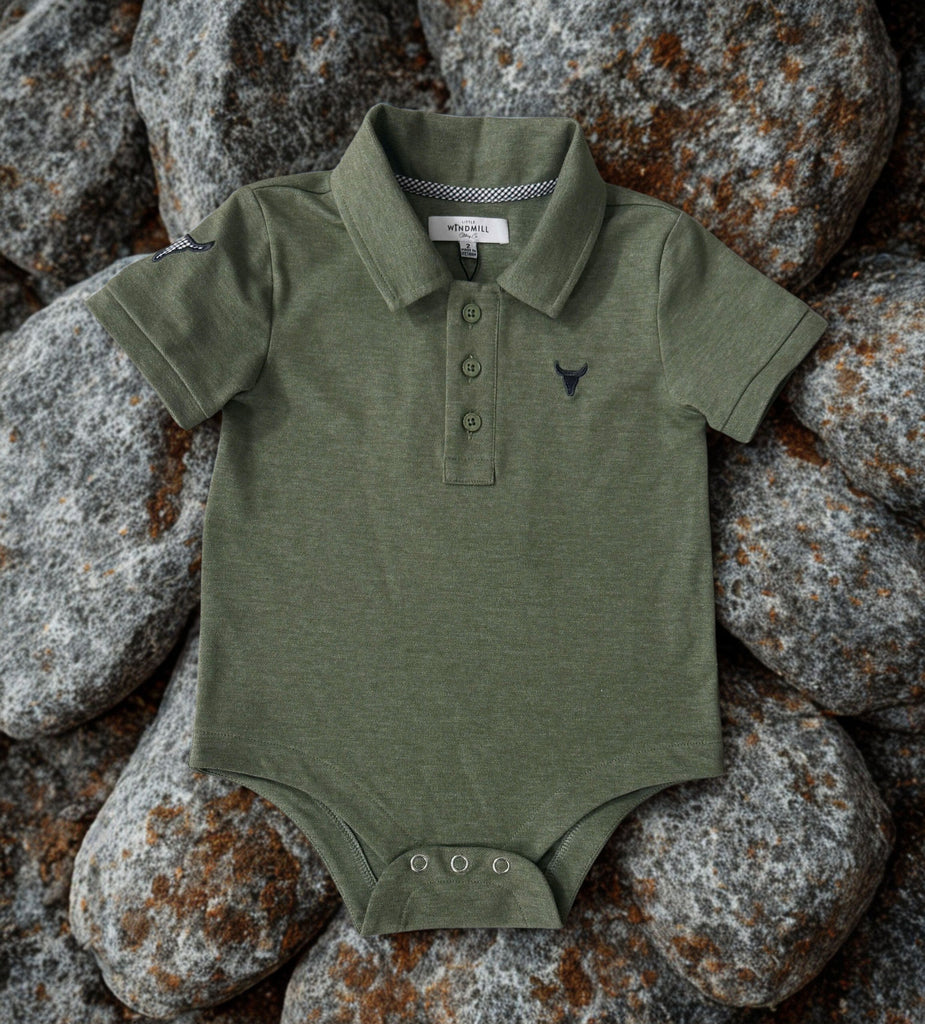 "Ky Baby" Khaki Green Baby Polo Romper-Little Windmill Clothing Co