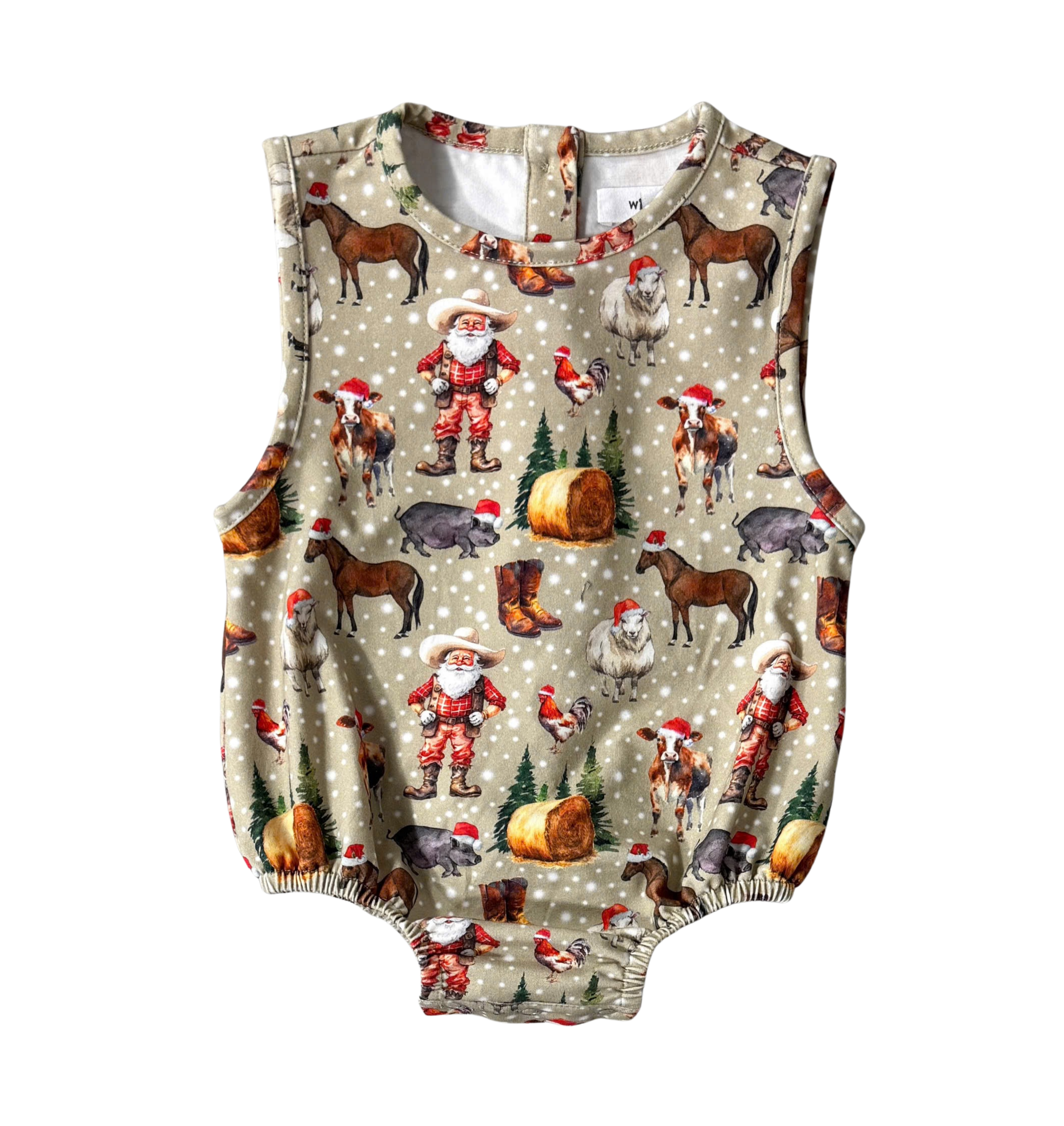 Christmas romper front view showing festive holiday print romper for baby