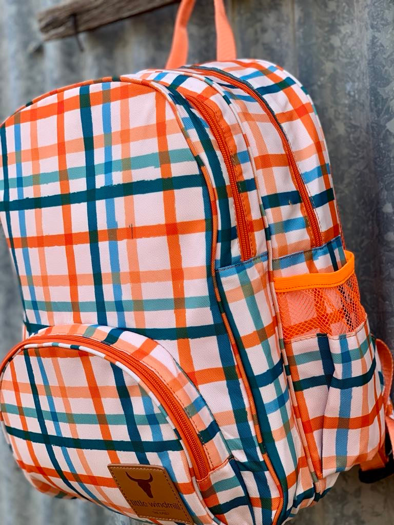 Orange Check Backpack Bag TWO ZIPPER-Little Windmill Clothing Co