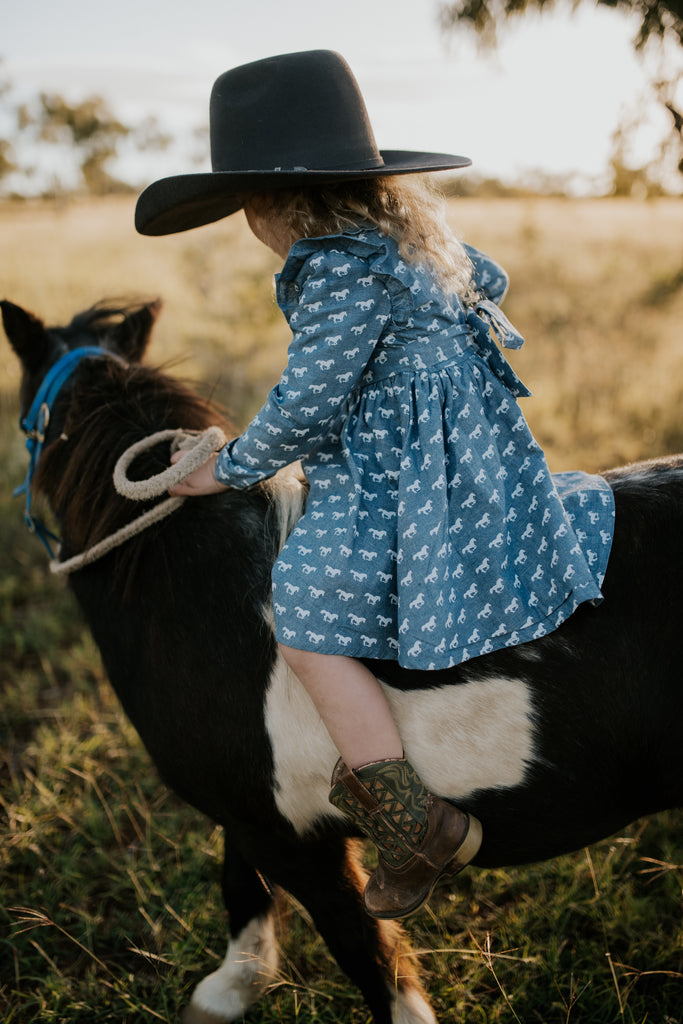 "Josephine" Horse Print Denim Look Dress-Little Windmill Clothing Co