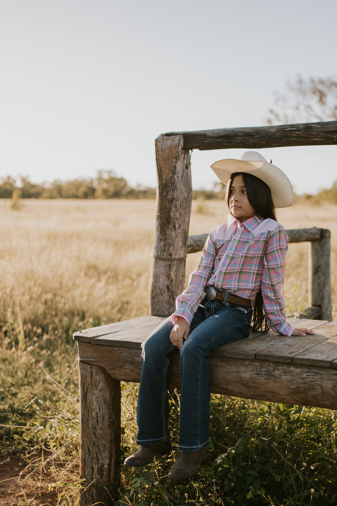 "Willow" Pink Checked Yoke Western Long Sleeve Shirt-Little Windmill Clothing Co