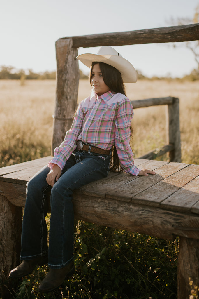 "Willow" Pink Checked Yoke Western Long Sleeve Shirt-Little Windmill Clothing Co