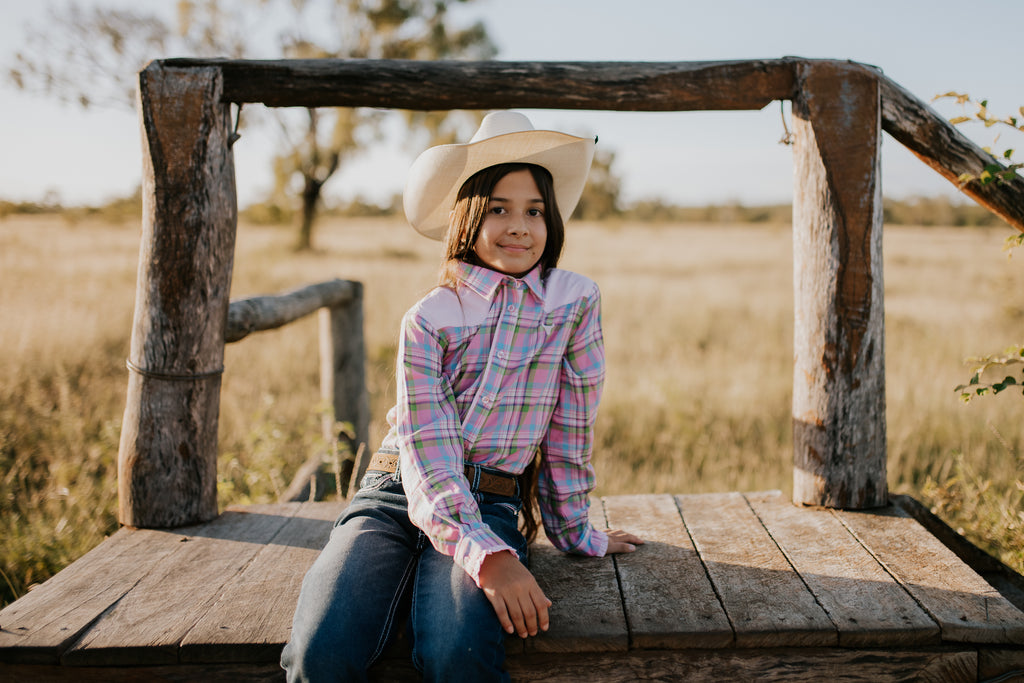 "Willow" Pink Checked Yoke Western Long Sleeve Shirt-Little Windmill Clothing Co