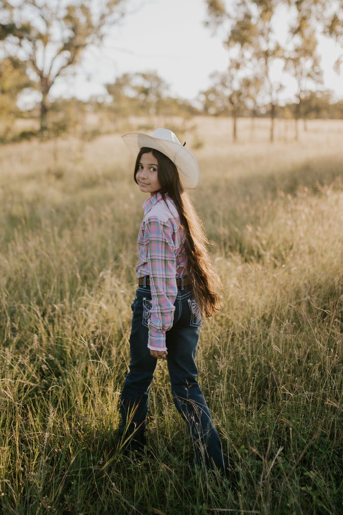 "Willow" Pink Checked Yoke Western Long Sleeve Shirt-Little Windmill Clothing Co