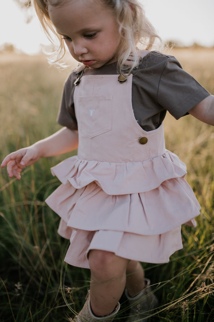 "Lottie" Blush Denim Ruffle Overall Dress-Little Windmill Clothing Co
