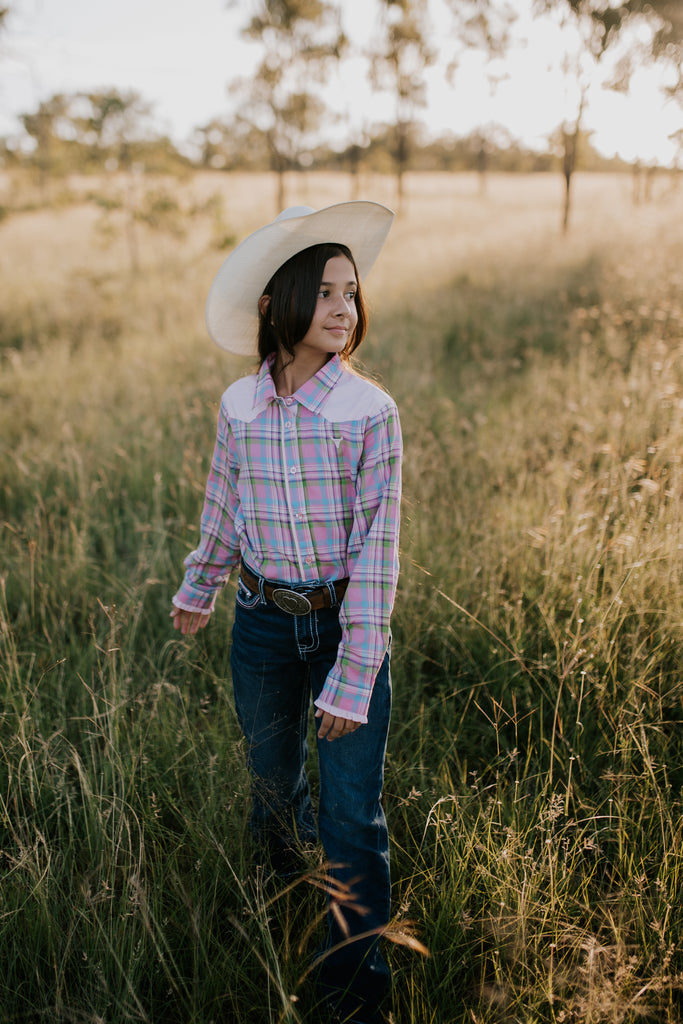 "Willow" Pink Checked Yoke Western Long Sleeve Shirt-Little Windmill Clothing Co