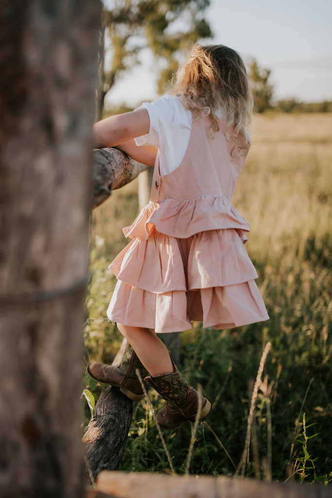 "Lottie" Blush Denim Ruffle Overall Dress-Little Windmill Clothing Co