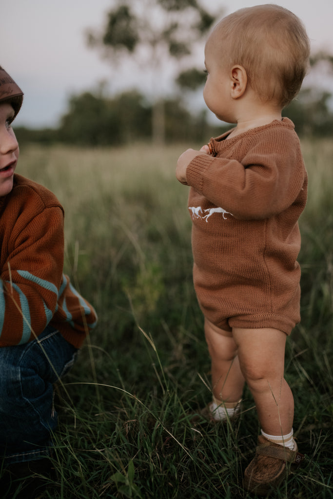 "Sid" Chocolate Cotton Knit Romper-Little Windmill Clothing Co