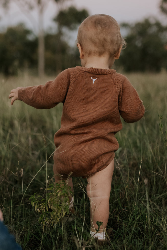 "Sid" Chocolate Cotton Knit Romper-Little Windmill Clothing Co