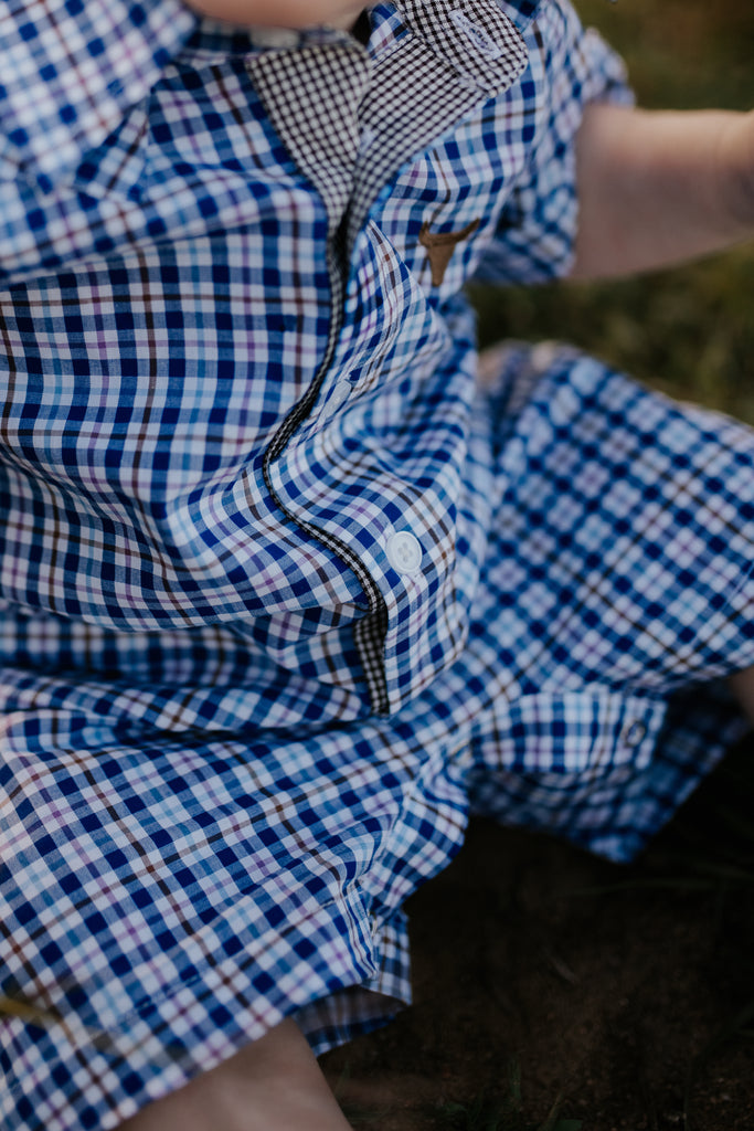 "Parker Jnr" Classic Gingham Short Sleeve Romper Short-Little Windmill Clothing Co
