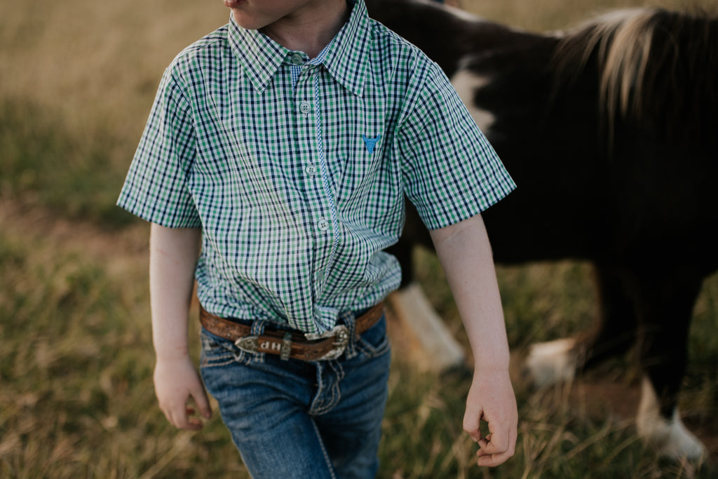 "Colton" Fresh Green & Blue Gingham Short Sleeve Shirt-Little Windmill Clothing Co