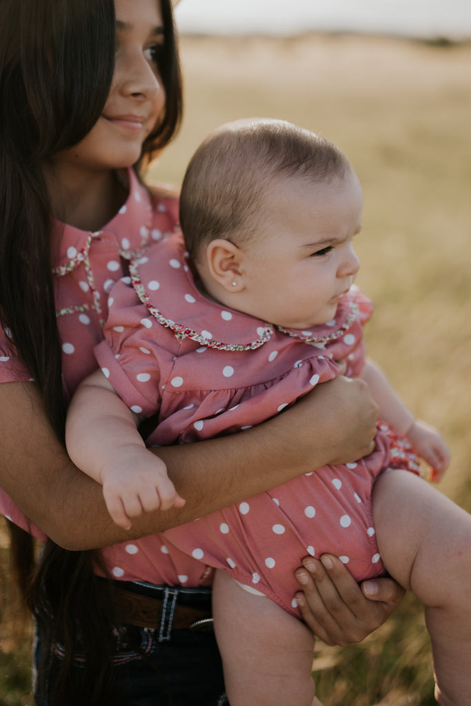 "Clementine Jnr" Spotty Vintage Short Sleeve Bubble Romper-Little Windmill Clothing Co