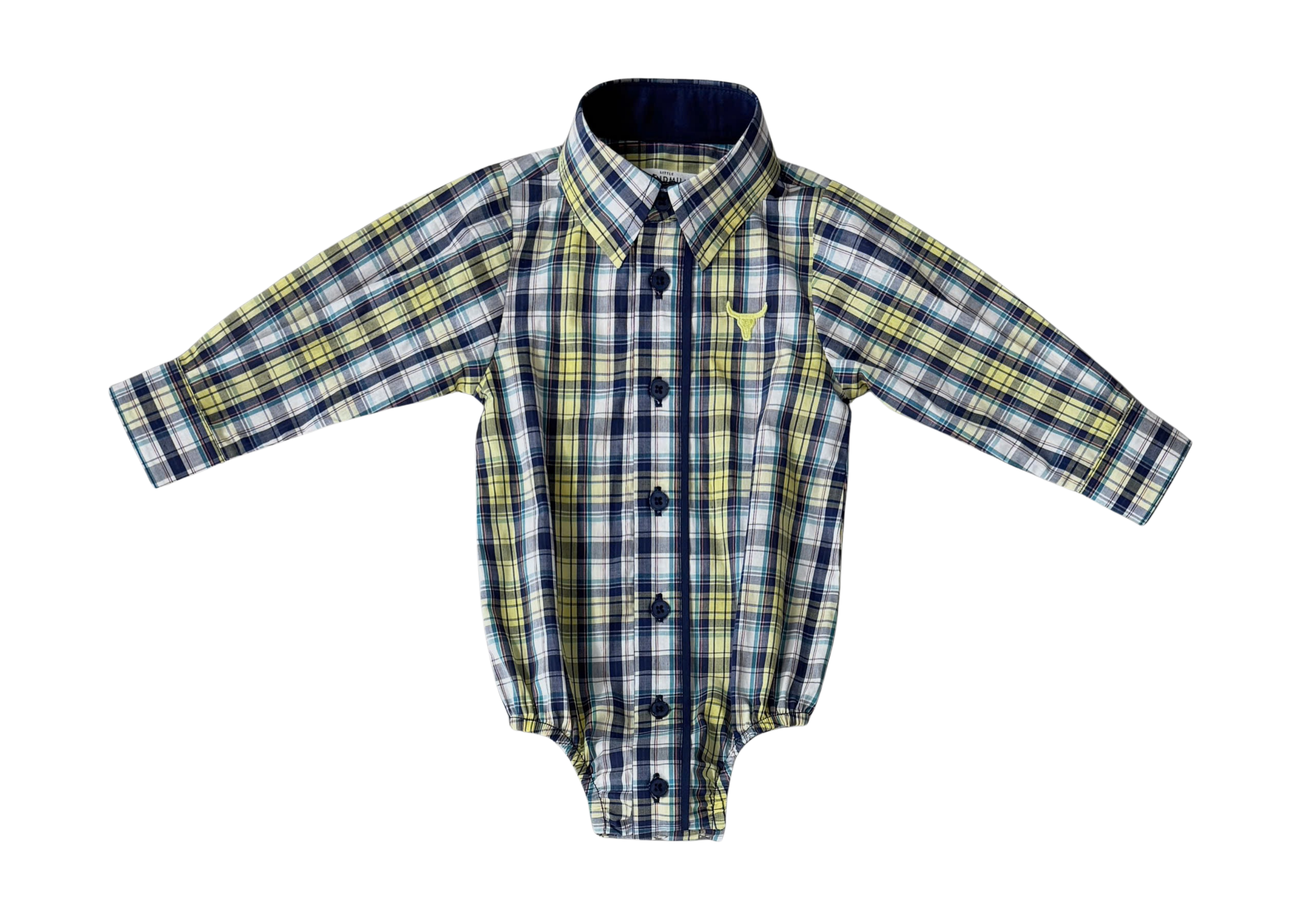 Dale navy glow check long sleeve romper worn by toddler showing smart navy check country style