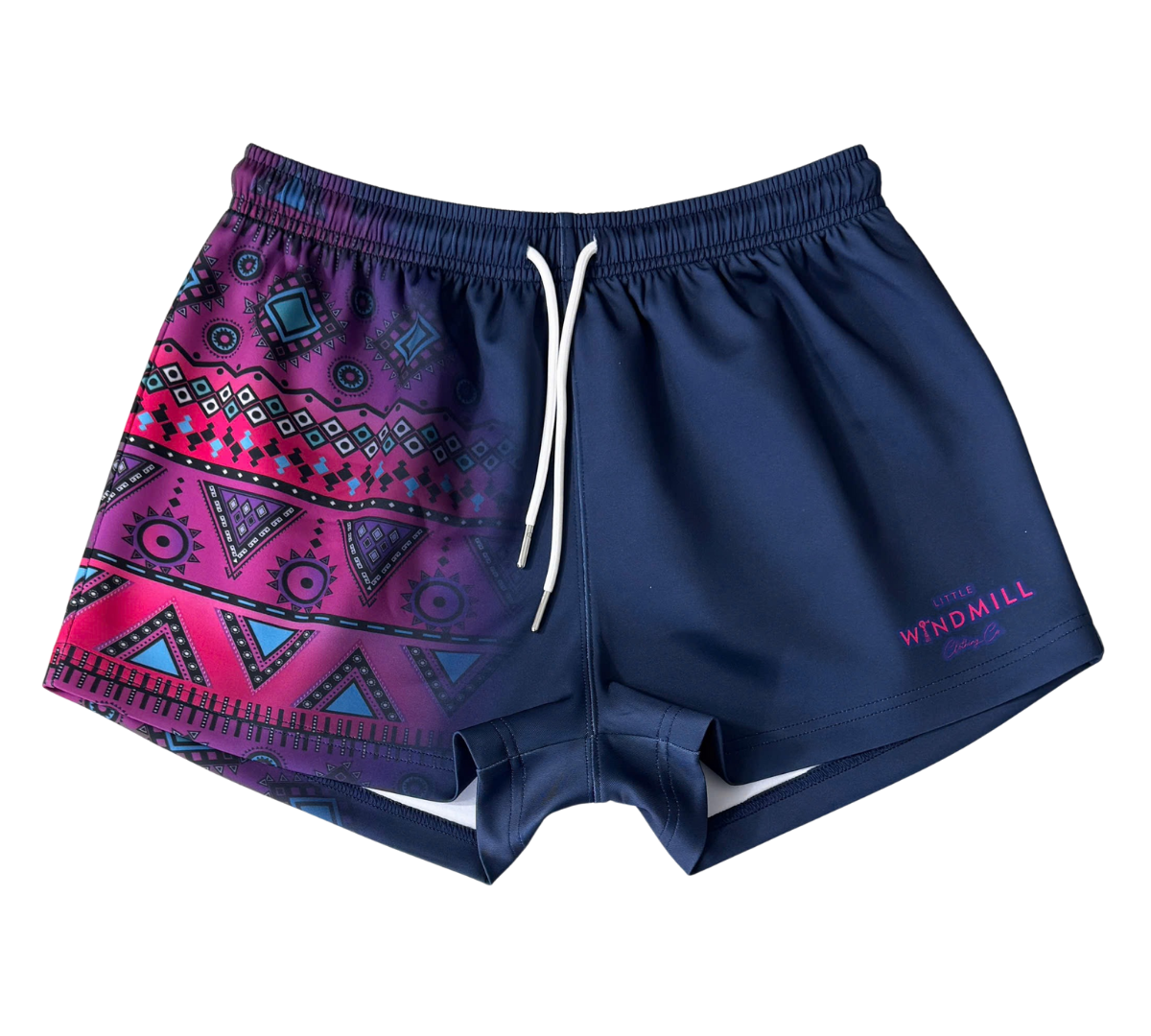 Aztec navy footy shorts worn showing vibrant country casual style