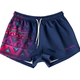 Aztec navy footy shorts worn showing vibrant country casual style