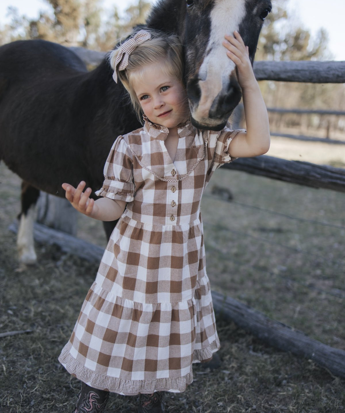 Girls tiered brown gingham dress, The Tully Collection