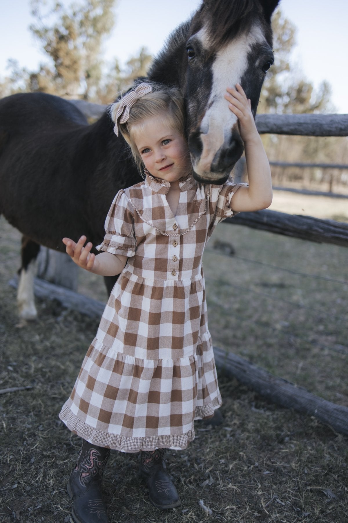 Girls tiered brown gingham dress, The Tully Collection