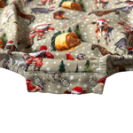Christmas romper back view showing snap closure and festive holiday print