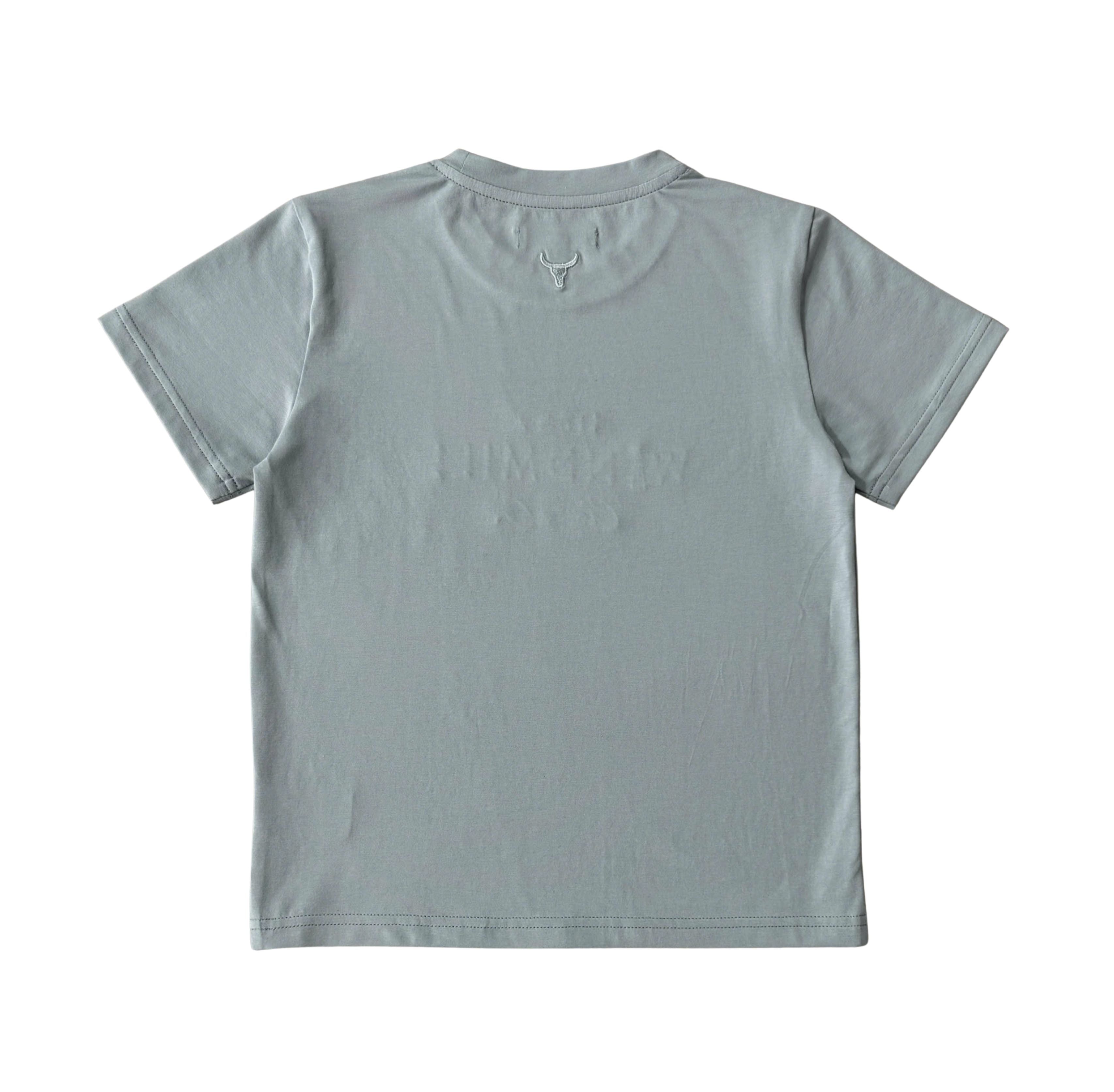 LWCC embroidered kids tee powder blue side view showing relaxed kids tee silhouette