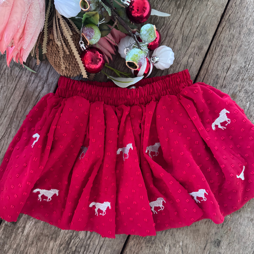 Rena deep red textured tutu flatlay showing full deep red layered tutu design