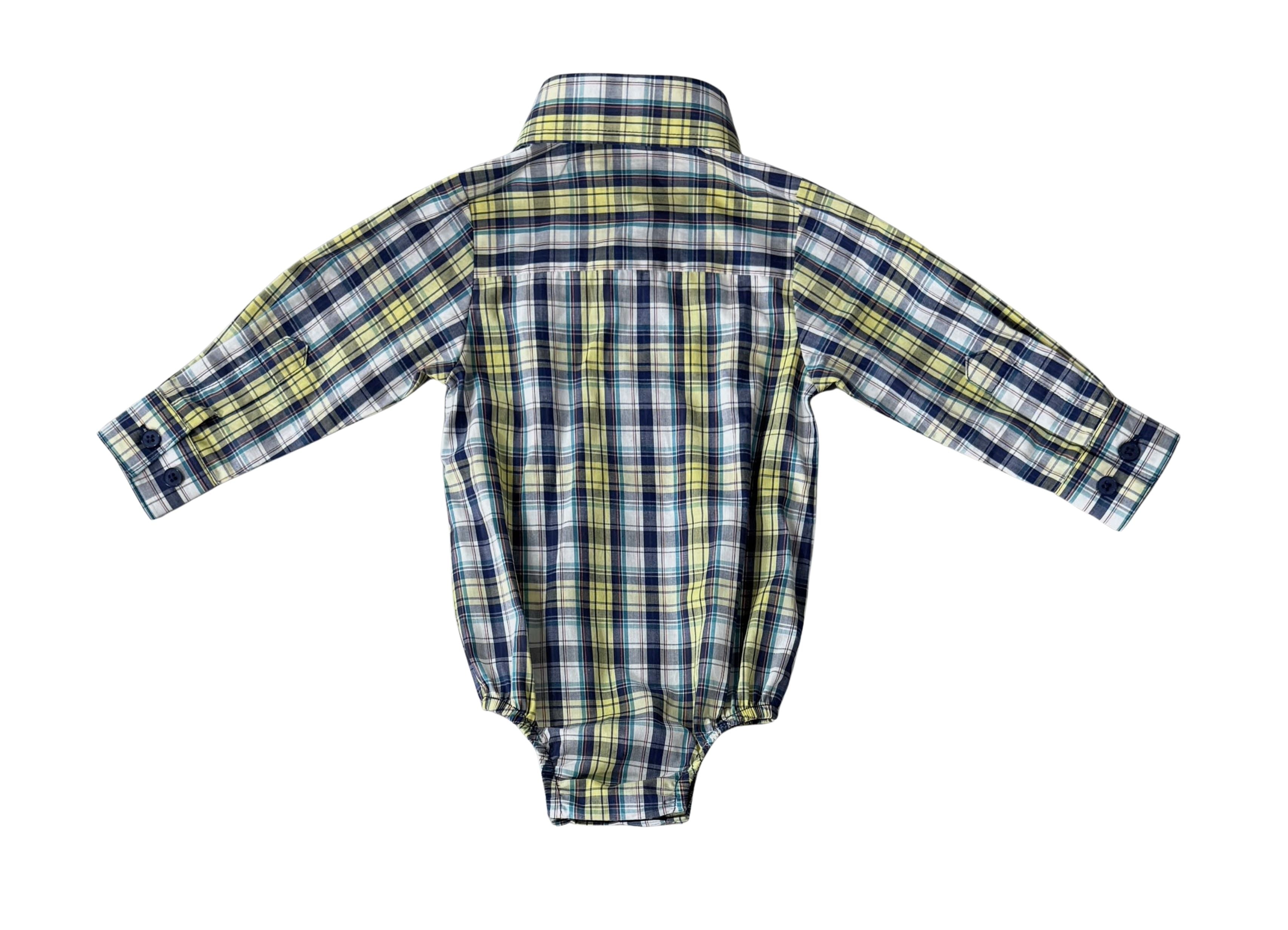 Dale navy glow check long sleeve romper print close-up showing navy glow check pattern
