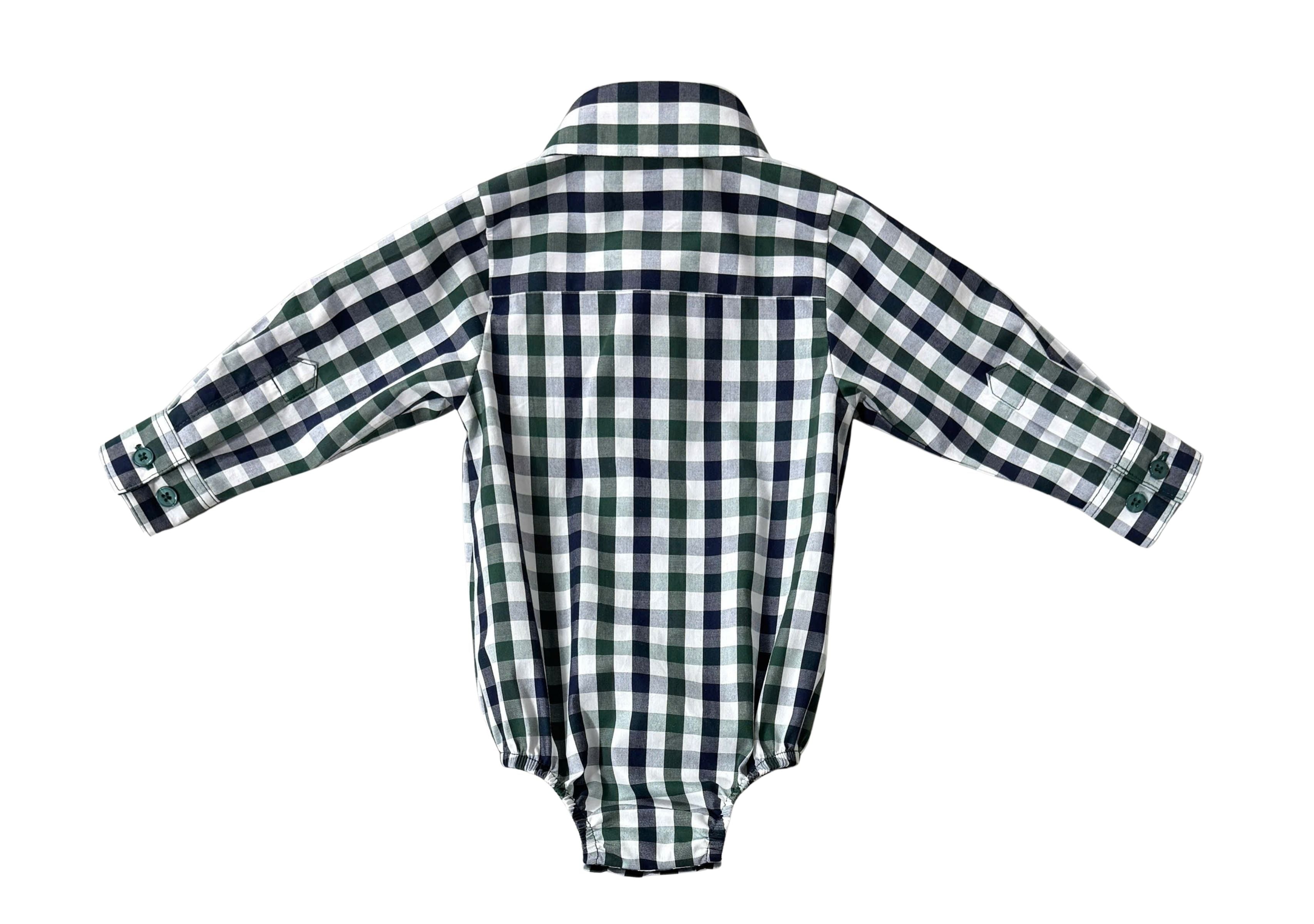 "Cody" Green and Navy Gingham Long Sleeve Romper-Little Windmill Clothing Co