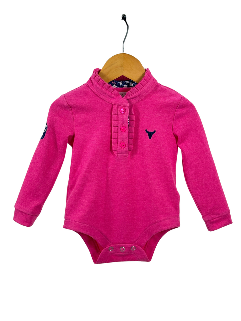 "Hallie Baby" Raspberry Pink Contrast Long Sleeve Baby Polo Romper-Little Windmill Clothing Co