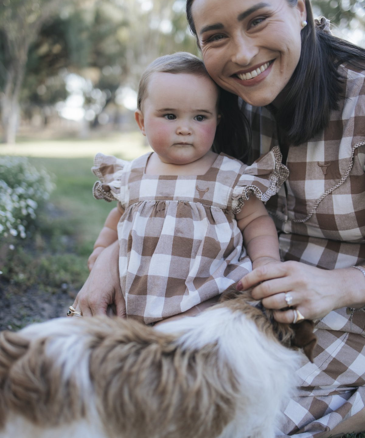 Baby girl brown gingham flutter sleeve romper