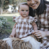 Baby girl brown gingham flutter sleeve romper