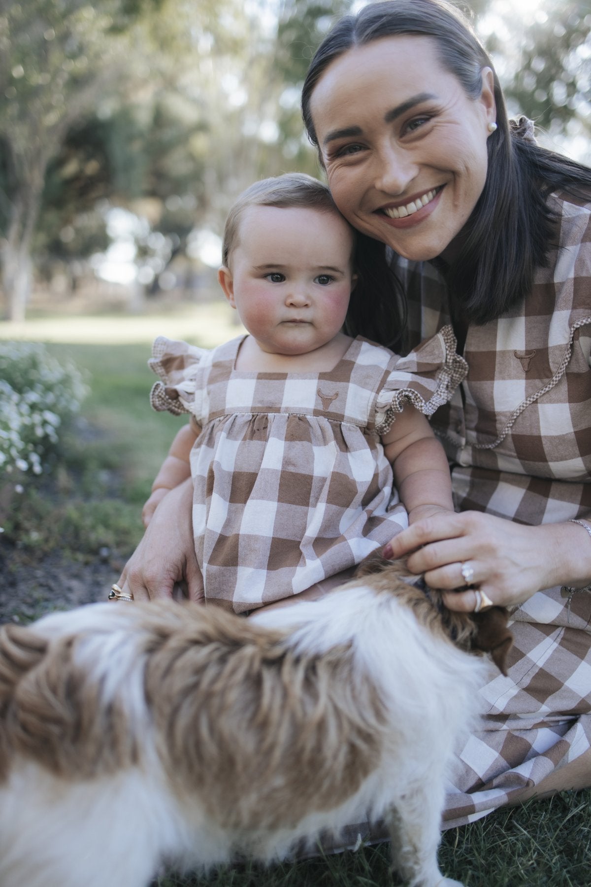 Baby girl brown gingham flutter sleeve romper