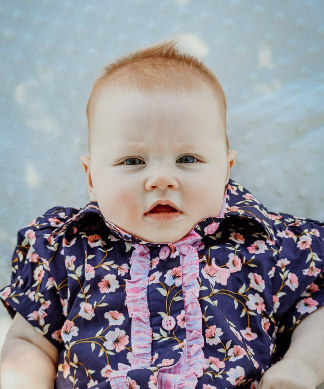 Harlo navy floral short sleeve romper front view showing sweet navy floral print romper for toddlers