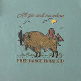 Free Range bison graphic kids tee hem detail showing quality cotton finish