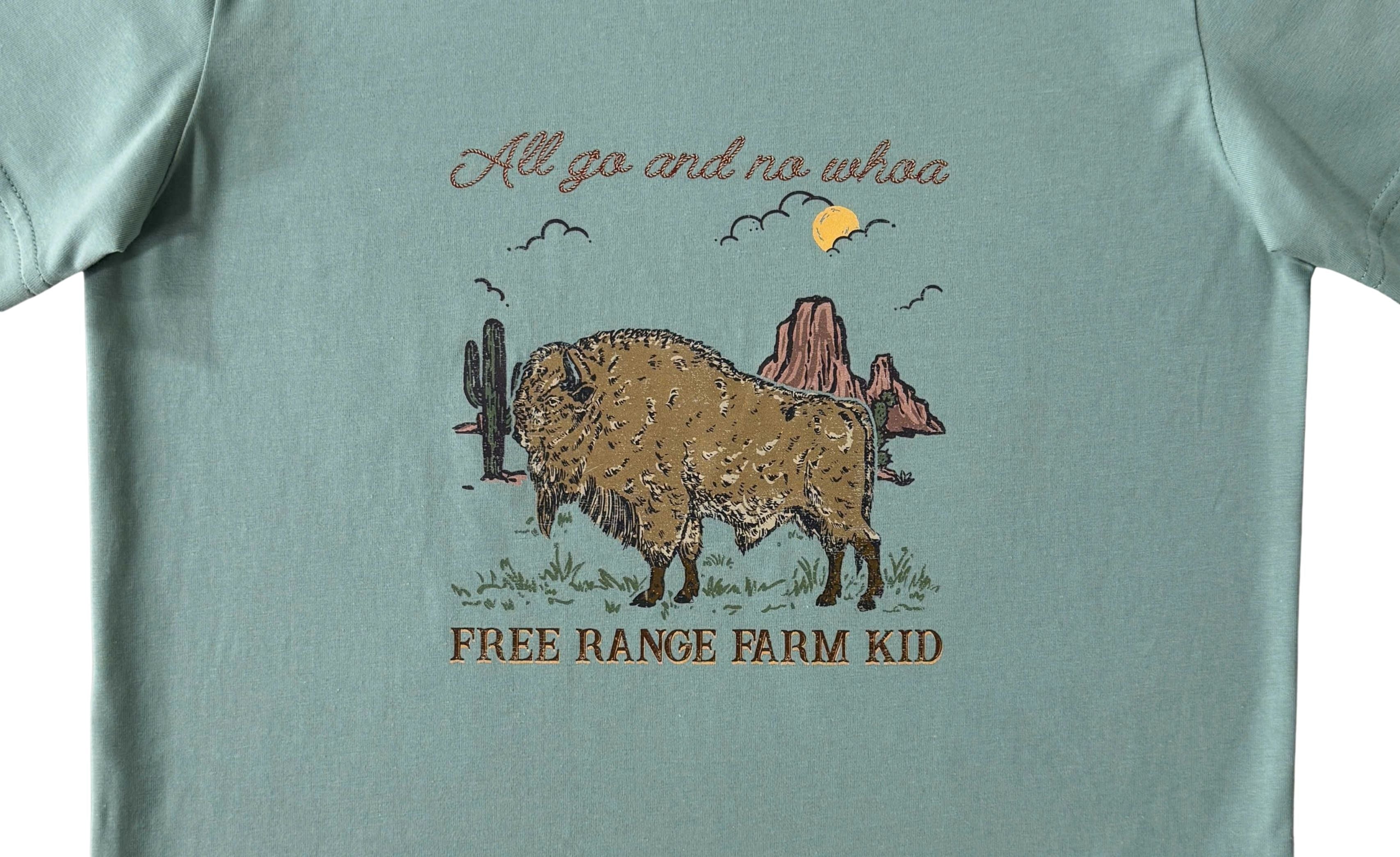 Free Range bison graphic kids tee hem detail showing quality cotton finish