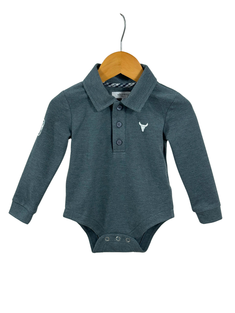 "Logan Baby" Grey Sky Contrast Baby Polo Romper-Little Windmill Clothing Co