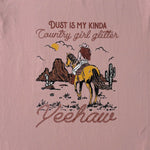 Country Girl Glitter Yeehaw graphic kids tee side view showing relaxed kids tee silhouette