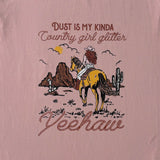 Country Girl Glitter Yeehaw graphic kids tee side view showing relaxed kids tee silhouette