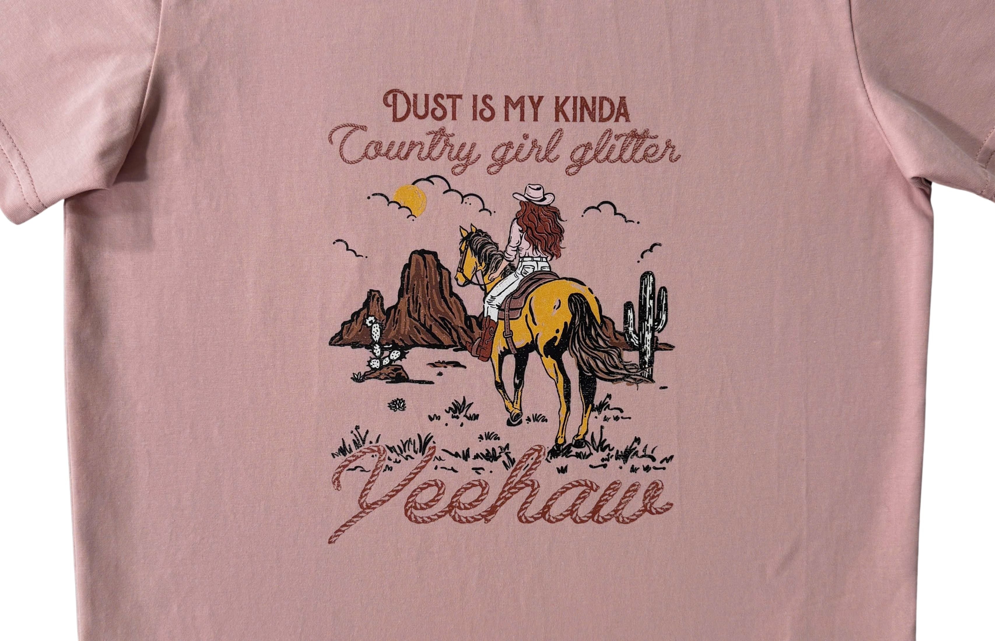 Country Girl Glitter Yeehaw graphic kids tee side view showing relaxed kids tee silhouette