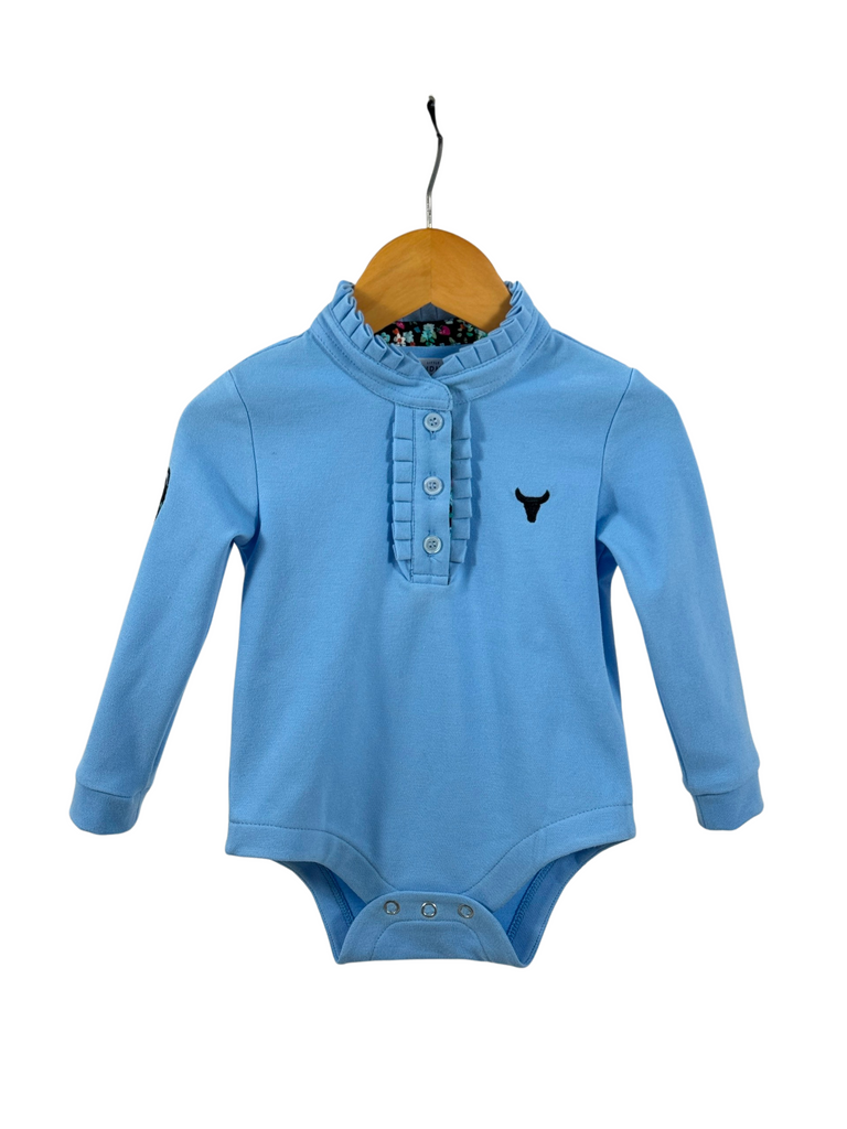 "Emily Baby" Soft Baby Blue Contrast Long Sleeve Baby Polo Romper-Little Windmill Clothing Co