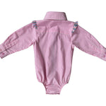 Lara multi stripe pink ruffle long sleeve romper ruffle detail showing sweet ruffle trim in pink stripe