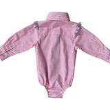 Lara multi stripe pink ruffle long sleeve romper ruffle detail showing sweet ruffle trim in pink stripe