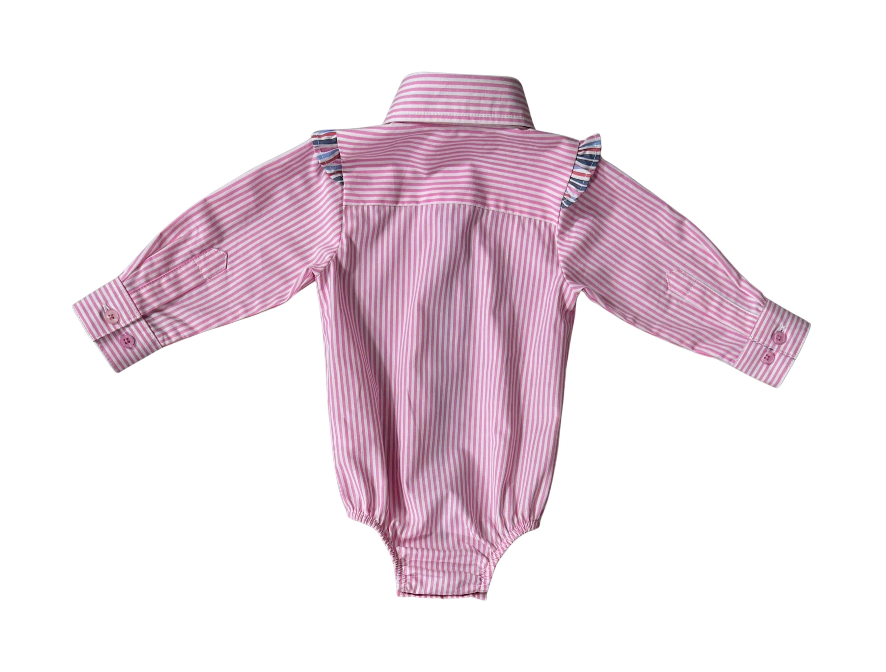 Lara multi stripe pink ruffle long sleeve romper ruffle detail showing sweet ruffle trim in pink stripe