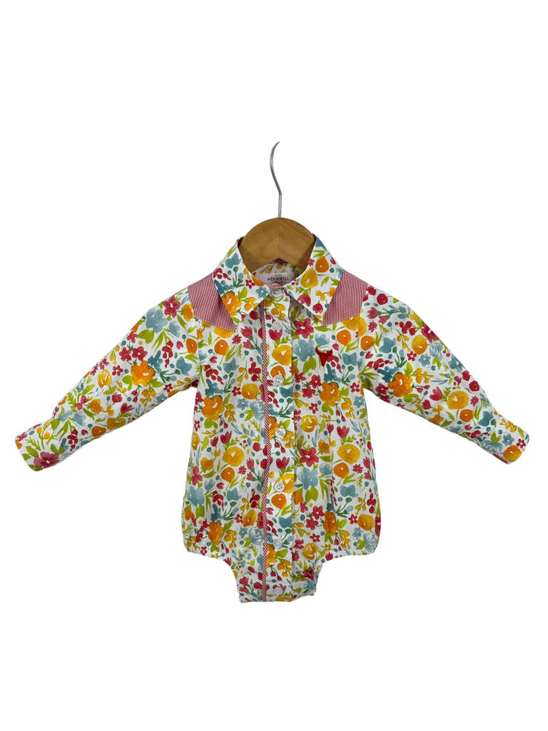 "Kelly Baby" Retro Floral Western Yoke Collar Long Sleeve Romper-Little Windmill Clothing Co