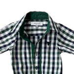 Cody green and navy gingham long sleeve romper worn by toddler showing fun country check style