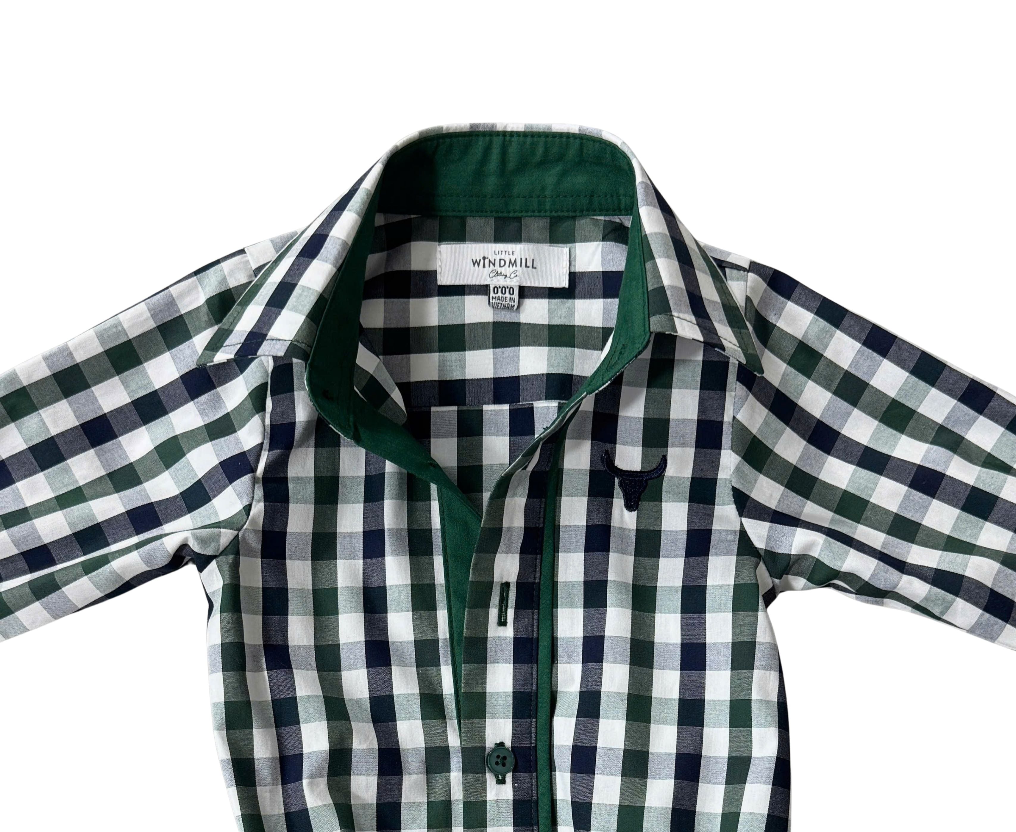 Cody green and navy gingham long sleeve romper worn by toddler showing fun country check style