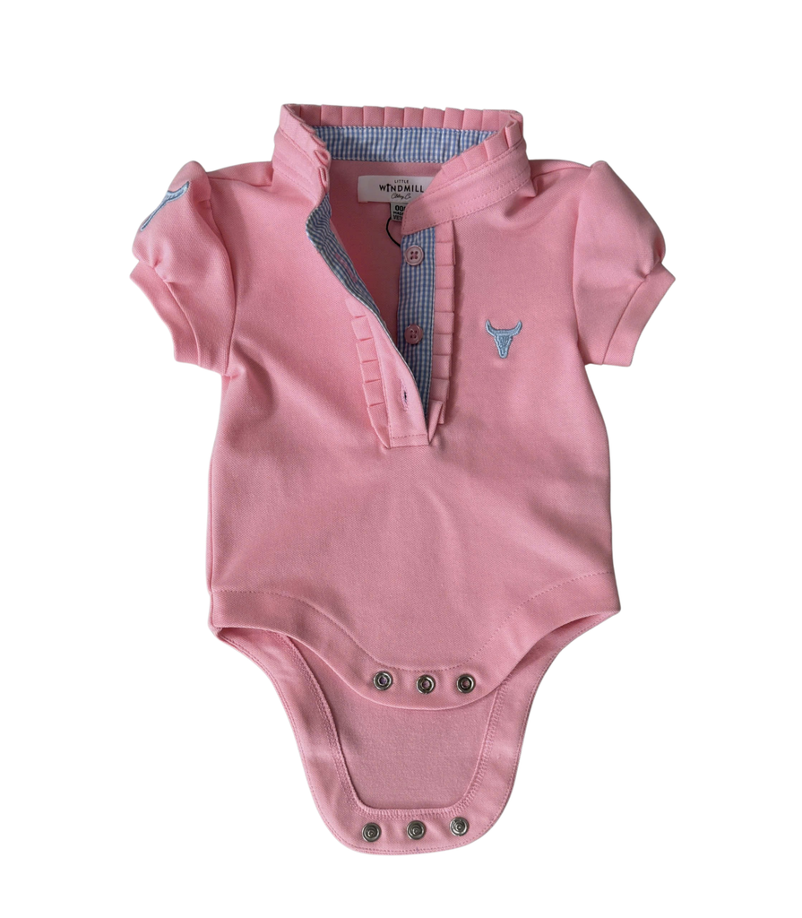 "Kiki Baby" Baby Pink Polo Romper-Little Windmill Clothing Co