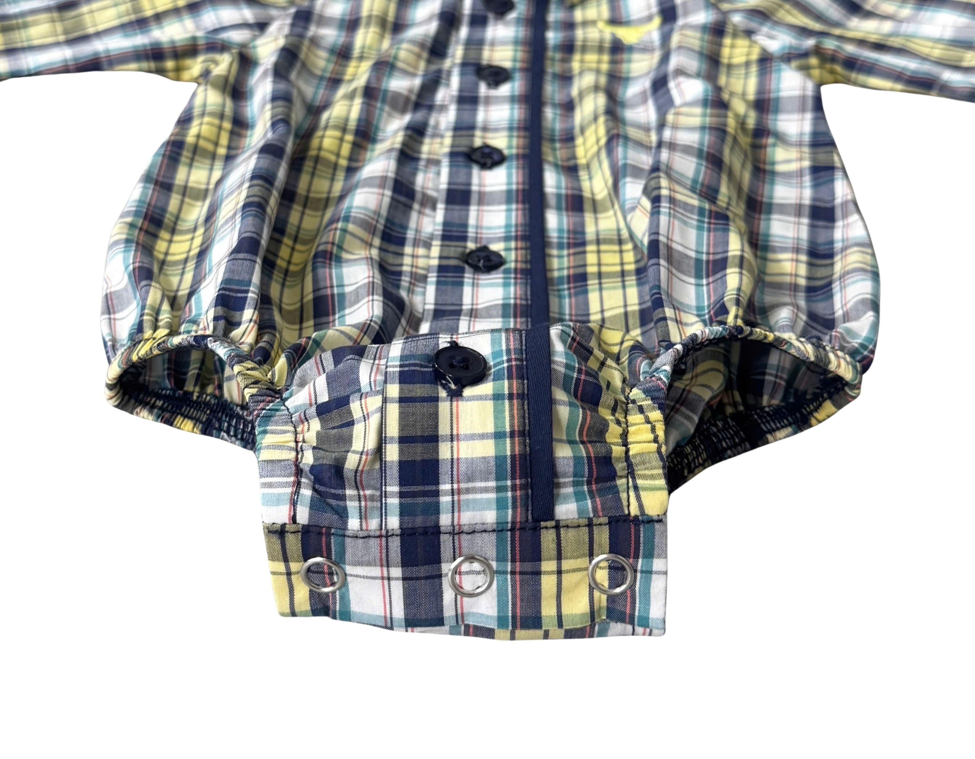 "Dale" Navy Glow Check Long Sleeve Romper-Little Windmill Clothing Co