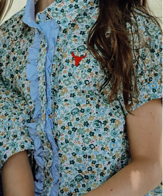 Dorothy soft blue floral sleeve blouse worn by girl showing sweet soft blue floral style