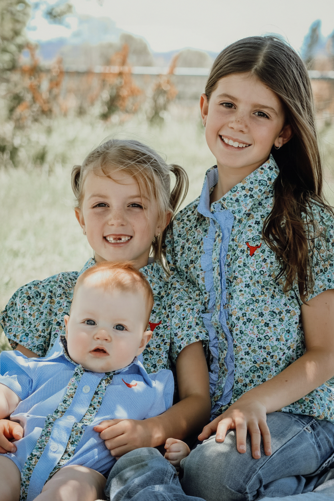 "Dasha" Soft Baby Blue gingham Short Sleeve Romper-Little Windmill Clothing Co