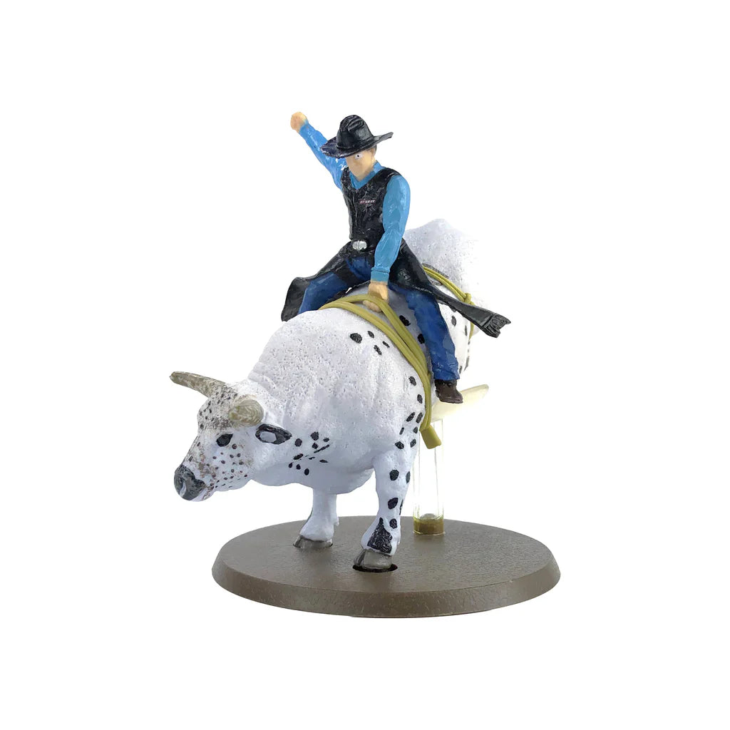 PBR Smooth Operator bull riding toy set with rider, bull, bull rope, flank strap, and stand for pretend rodeos