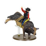 Sweet Pro's Bruiser rodeo figurine with rider, bull, bull rope, and stand